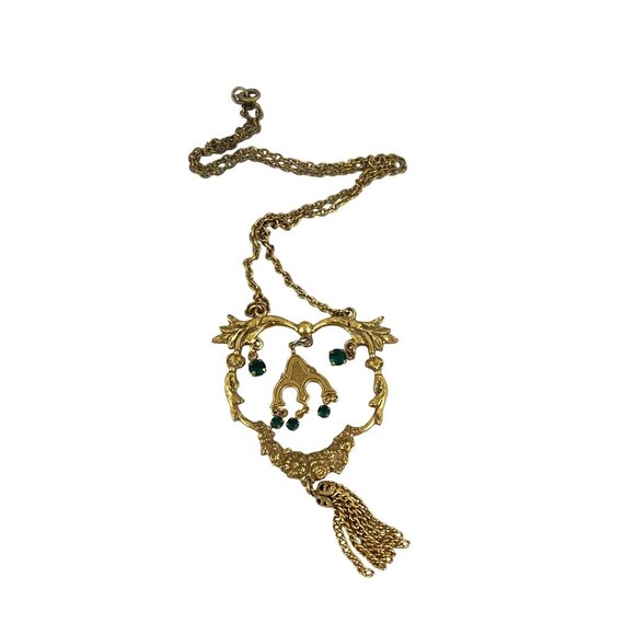 Victorian Revival Gold Tone Necklace 16 Inch With Green Rhinestone & Tassel Acce - Picture 8 of 10